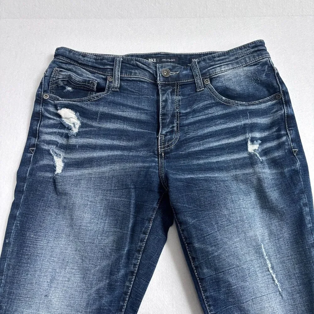 BKE Jake Straight Jean Mens 34x34 Dark Wash Distressed Whiskers Straight Leg